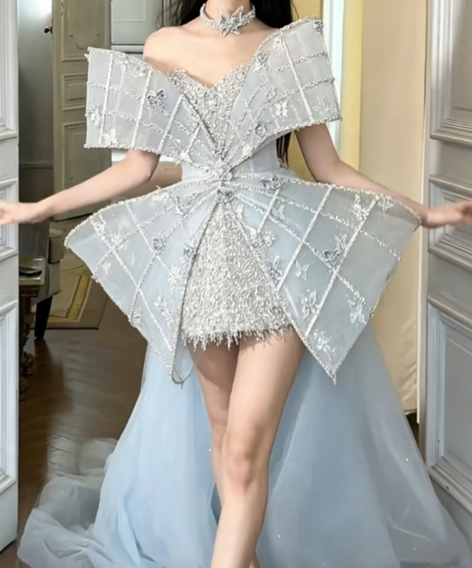 Luxury Strapless Blue Homecoming Dress With Tulle Beading Sheath Birthday Dress GG6380