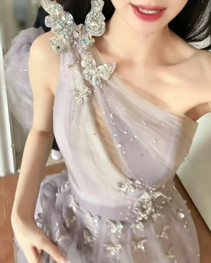 Ethereal One Shoulder Purple Prom Dress  Beaded Tulle A-Line Evening Dress GG6381