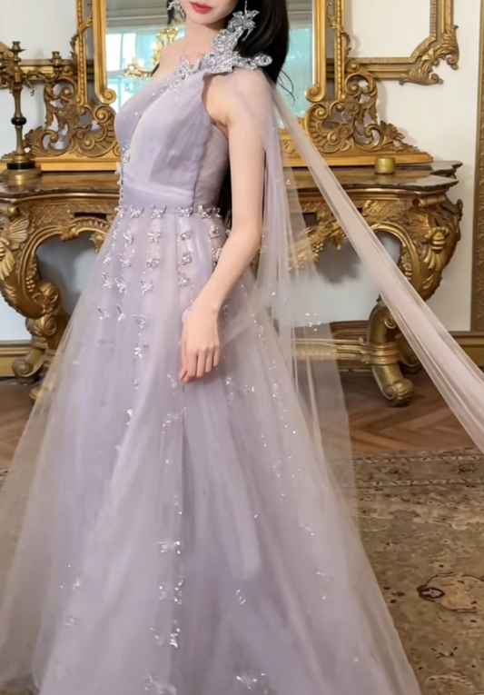 Ethereal One Shoulder Purple Prom Dress  Beaded Tulle A-Line Evening Dress GG6381
