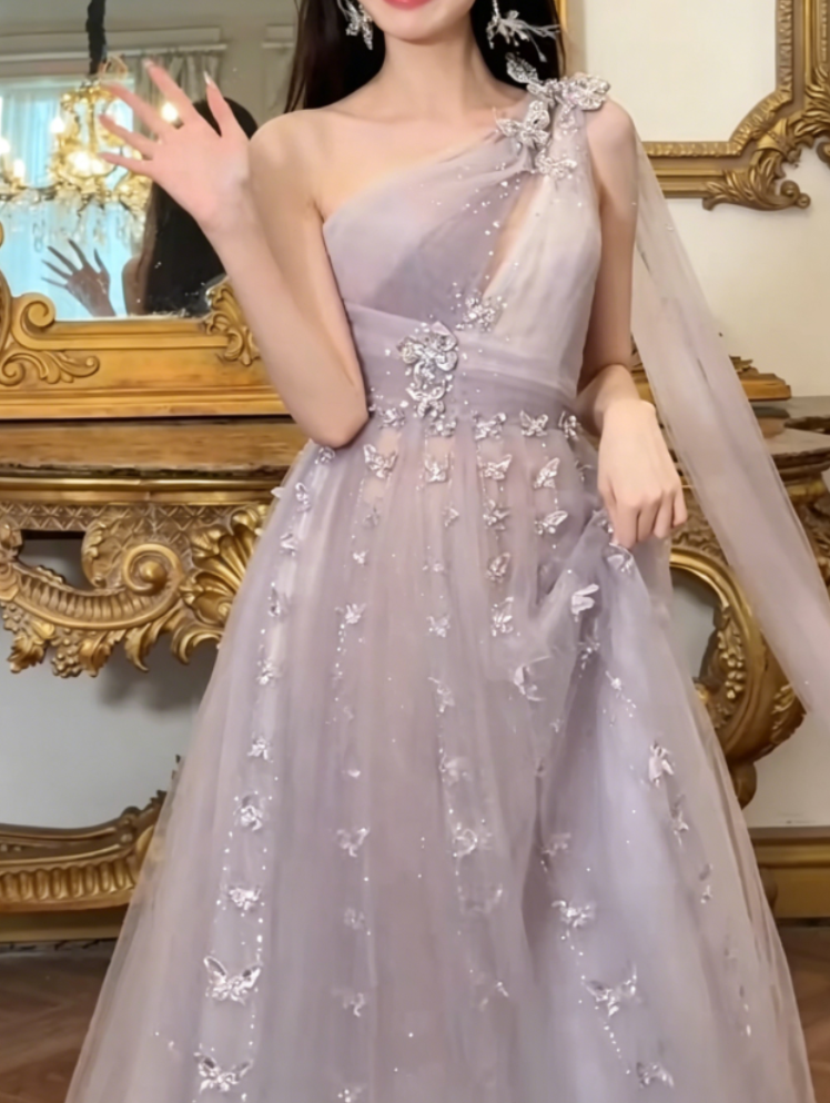 Ethereal One Shoulder Purple Prom Dress  Beaded Tulle A-Line Evening Dress GG6381