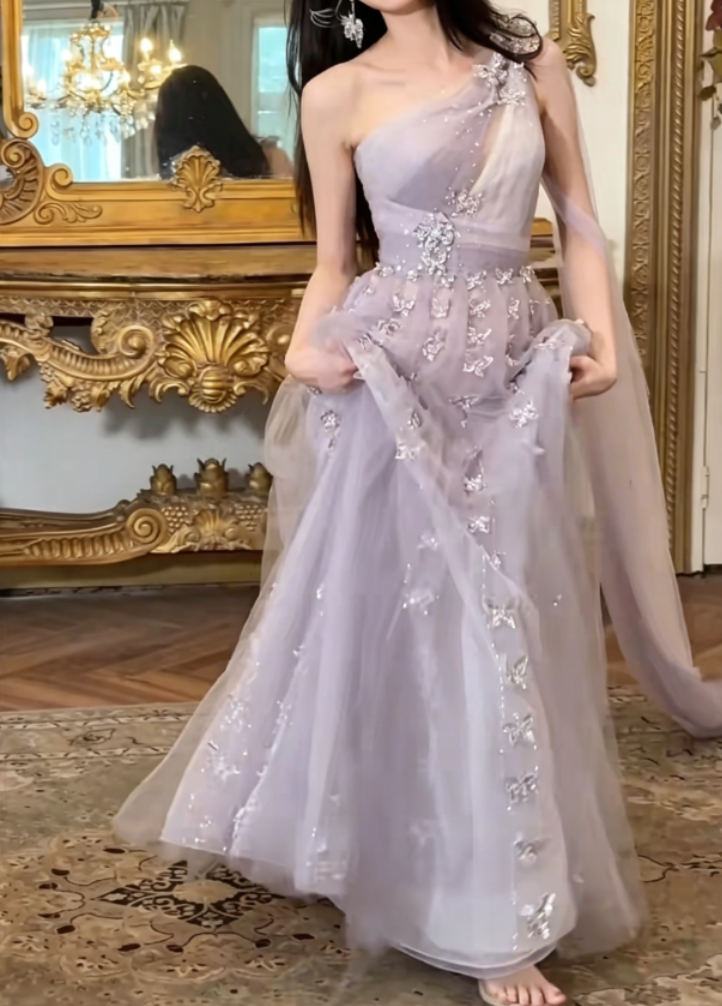 Ethereal One Shoulder Purple Prom Dress  Beaded Tulle A-Line Evening Dress GG6381