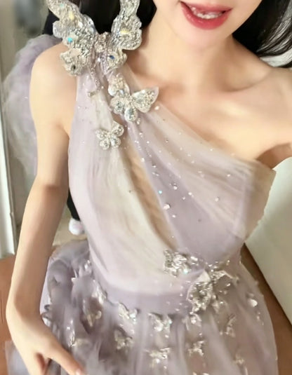 Ethereal One Shoulder Purple Prom Dress  Beaded Tulle A-Line Evening Dress GG6381