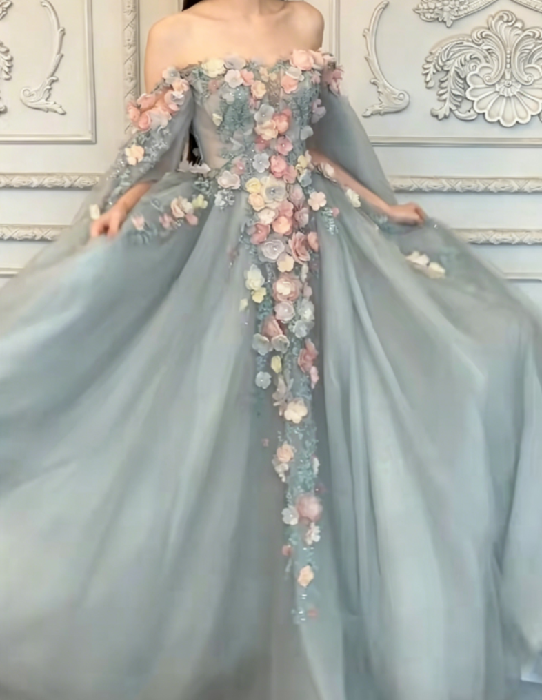 Chic Off-Shoulder Blue Prom Dress Long Sleeve Appliques Tulle A-Line Evening Dress GG6382