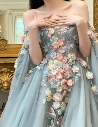 Chic Off-Shoulder Blue Prom Dress Long Sleeve Appliques Tulle A-Line Evening Dress GG6382