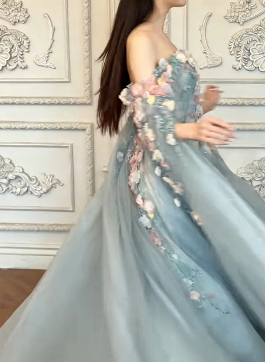 Chic Off-Shoulder Blue Prom Dress Long Sleeve Appliques Tulle A-Line Evening Dress GG6382