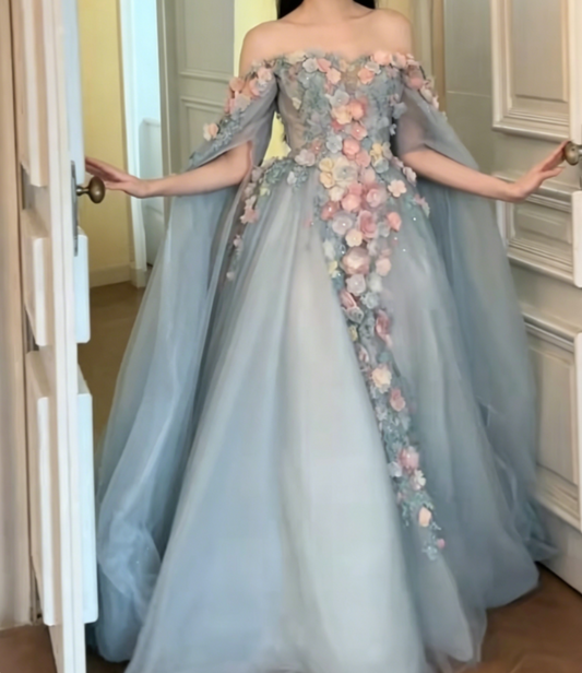 Chic Off-Shoulder Blue Prom Dress Long Sleeve Appliques Tulle A-Line Evening Dress GG6382