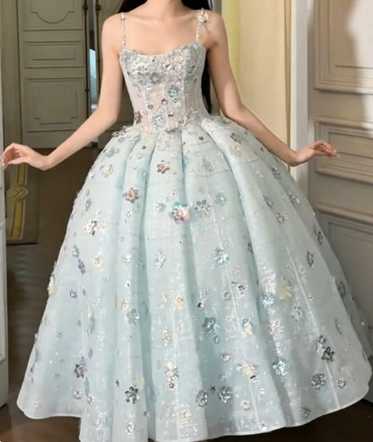 Glam Spaghetti Straps Blue Prom Dress Sequins Appliques A-Line Evening Dress GG6383