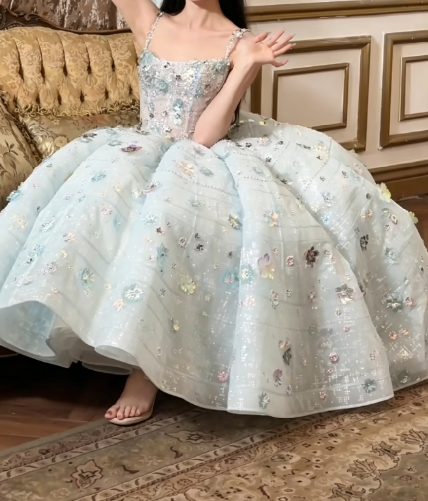 Glam Spaghetti Straps Blue Prom Dress Sequins Appliques A-Line Evening Dress GG6383