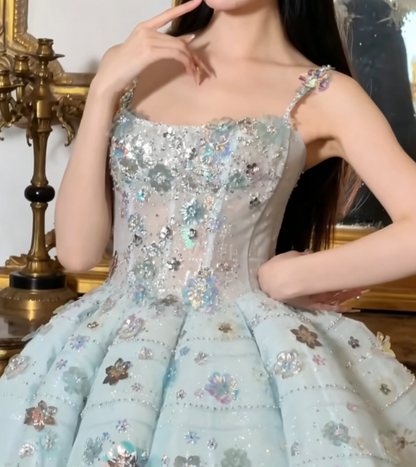 Glam Spaghetti Straps Blue Prom Dress Sequins Appliques A-Line Evening Dress GG6383
