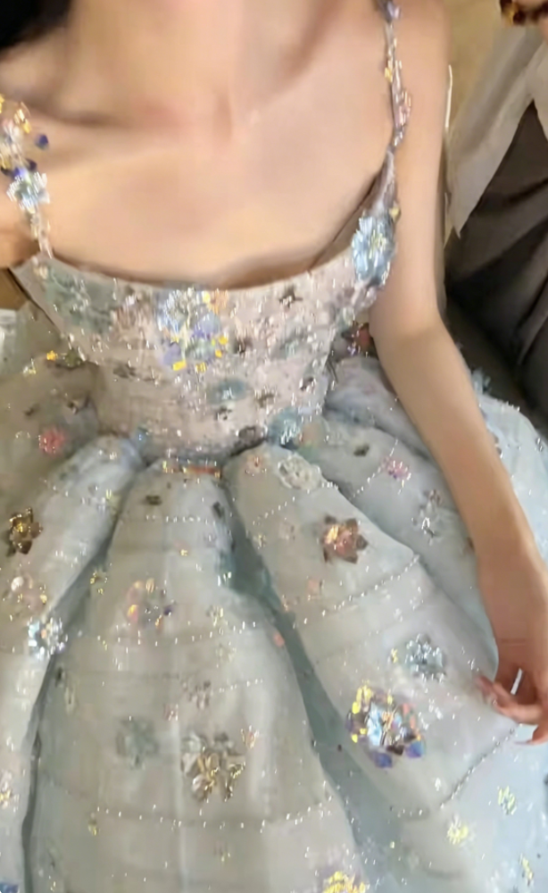 Glam Spaghetti Straps Blue Prom Dress Sequins Appliques A-Line Evening Dress GG6383