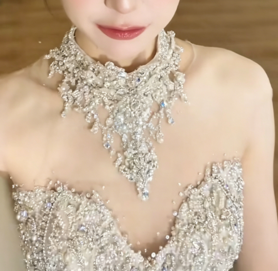 Luxurious Illusion Neck White Prom Dress With Train Beaded Mermaid Evening Dress GG6386