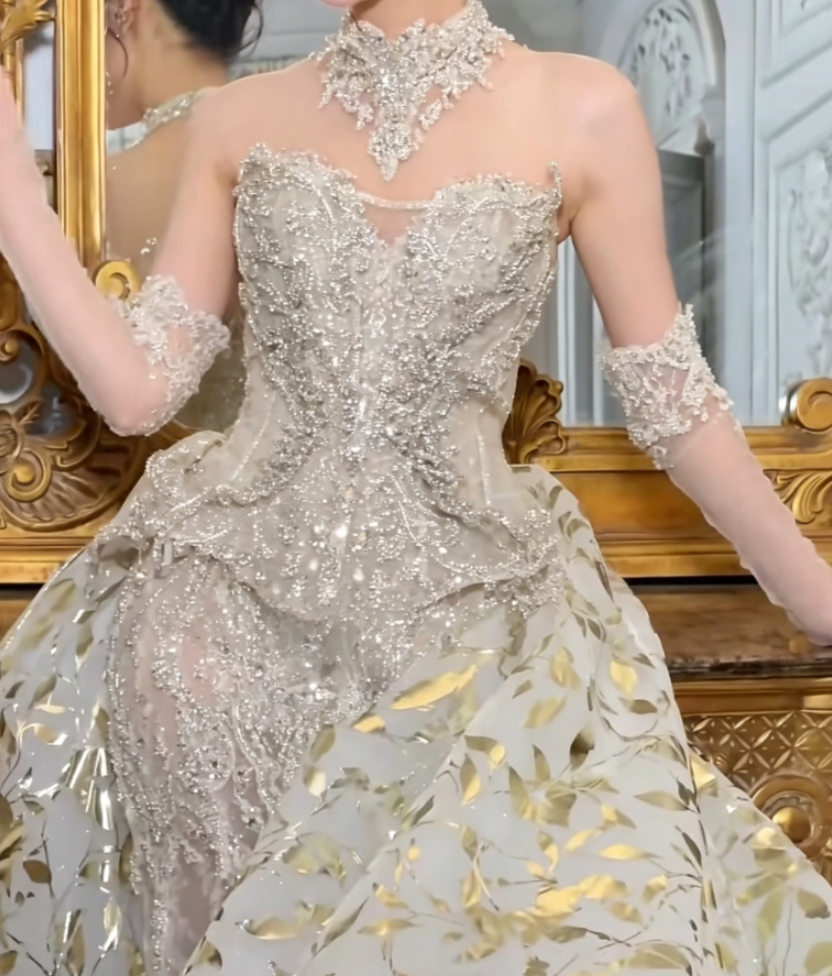 Luxurious Illusion Neck White Prom Dress With Train Beaded Mermaid Evening Dress GG6386