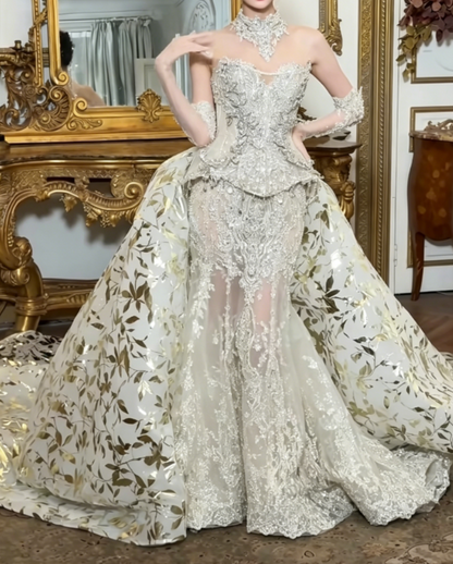 Luxurious Illusion Neck White Prom Dress With Train Beaded Mermaid Evening Dress GG6386