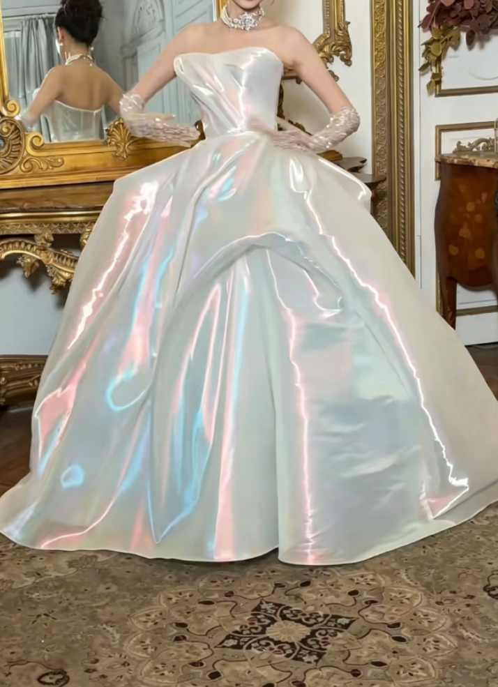 Lustrous Strapless White Wedding Dress Satin A-Line Bridal Dress GG6388