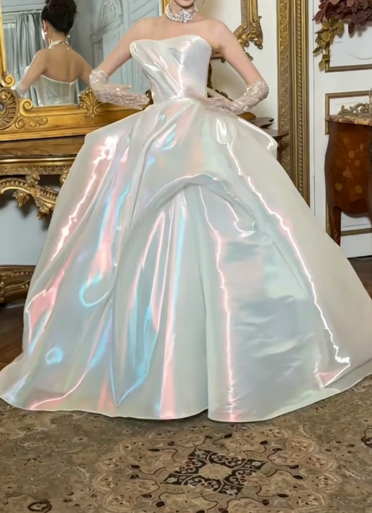 Lustrous Strapless White Wedding Dress Satin A-Line Bridal Dress GG6388