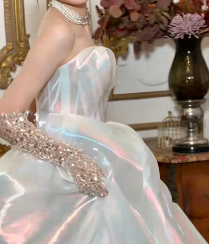 Lustrous Strapless White Wedding Dress Satin A-Line Bridal Dress GG6388