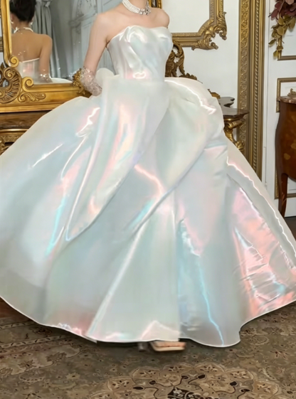 Lustrous Strapless White Wedding Dress Satin A-Line Bridal Dress GG6388