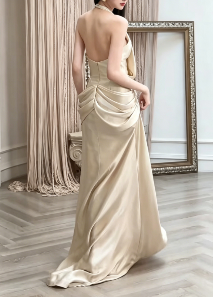 Simple Halter Neck Gold Prom Dress Ruched Satin Sheath Evening Dress GG6389