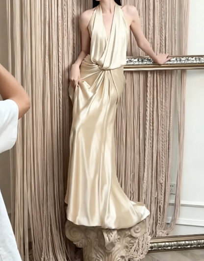 Simple Halter Neck Gold Prom Dress Ruched Satin Sheath Evening Dress GG6389