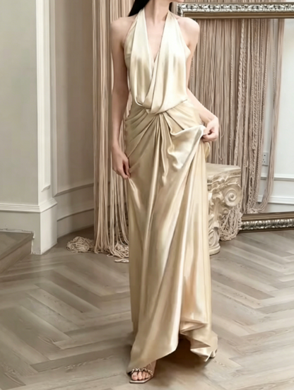 Simple Halter Neck Gold Prom Dress Ruched Satin Sheath Evening Dress GG6389