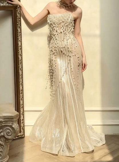 Glamorous Strapless Ivory Wedding Dress Sequins Beading A-Line Bridal Dress GG6390