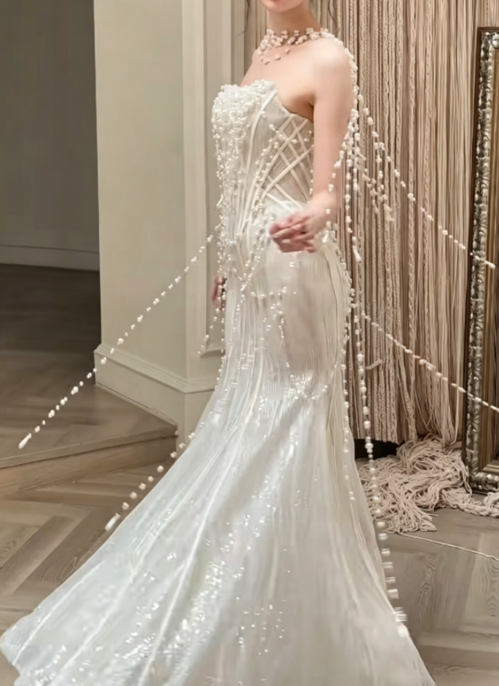 Glamorous Strapless Ivory Wedding Dress Sequins Beading A-Line Bridal Dress GG6390