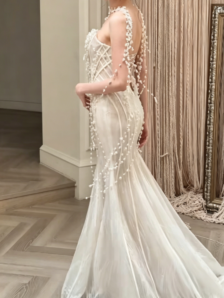 Glamorous Strapless Ivory Wedding Dress Sequins Beading A-Line Bridal Dress GG6390