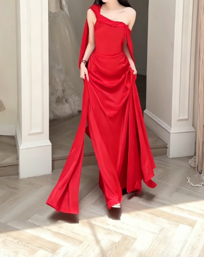 Sexy One Shoulder Red Prom Dress With Sash Sheath Evening Dress GG6391