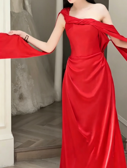 Sexy One Shoulder Red Prom Dress With Sash Sheath Evening Dress GG6391