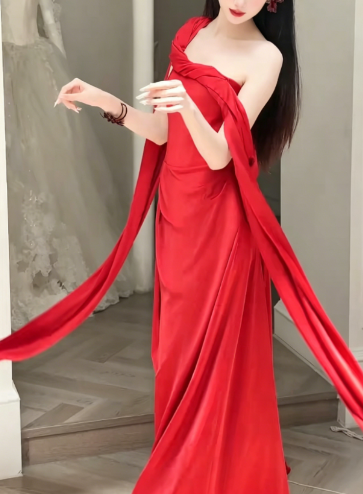 Sexy One Shoulder Red Prom Dress With Sash Sheath Evening Dress GG6391