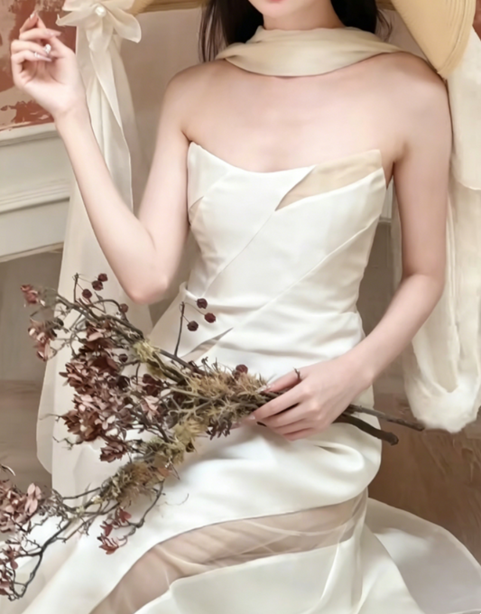 Graceful Strapless White Prom Dress With Scarf Satin Mermaid Evening Dress GG6393