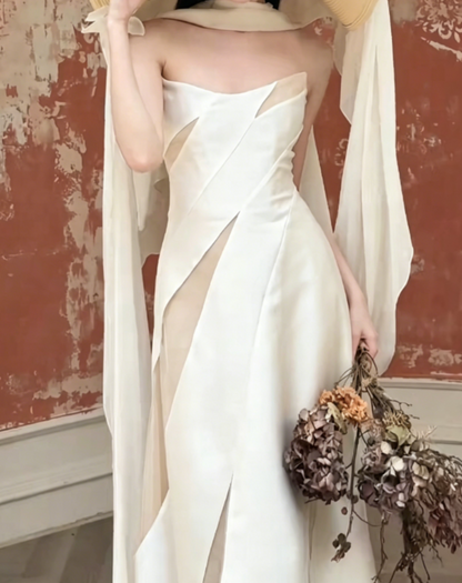 Graceful Strapless White Prom Dress With Scarf Satin Mermaid Evening Dress GG6393