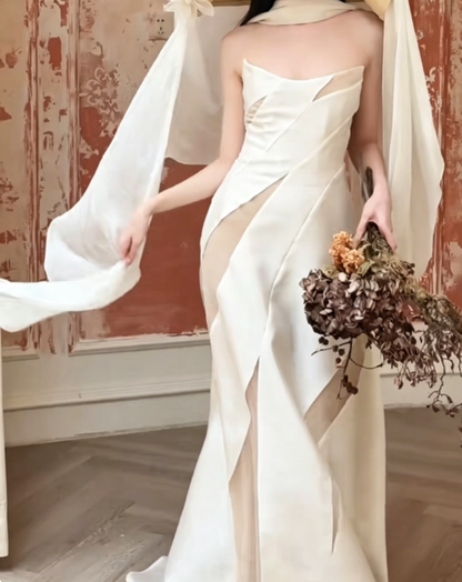 Graceful Strapless White Prom Dress With Scarf Satin Mermaid Evening Dress GG6393