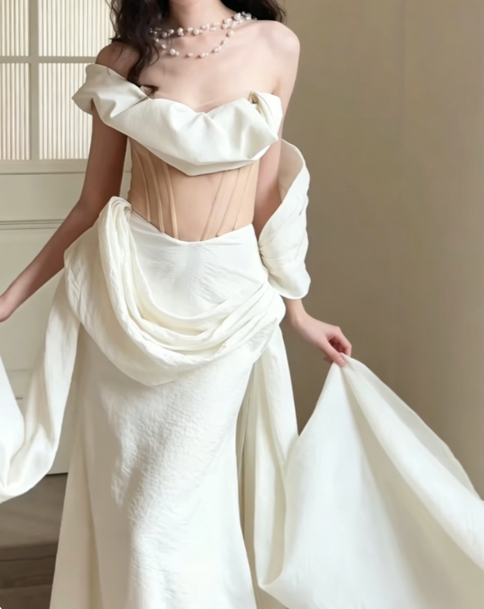 Romantic One Shoulder White Wedding Dress Mermaid Bridal Dress GG6394