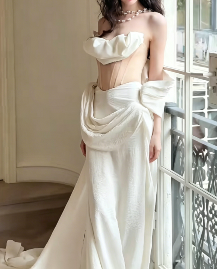 Romantic One Shoulder White Wedding Dress Mermaid Bridal Dress GG6394