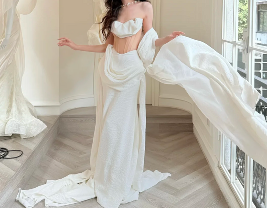 Romantic One Shoulder White Wedding Dress Mermaid Bridal Dress GG6394