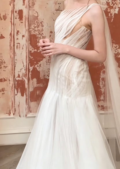 Alluring Illusion Neck White Wedding Dress Tulle Mermaid Bridal Dress GG6396