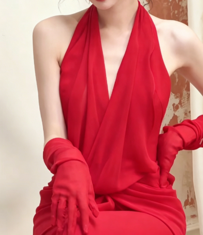 Charming Halter Neck Red Prom Dress Ruched Sheath Evening Dress GG6397