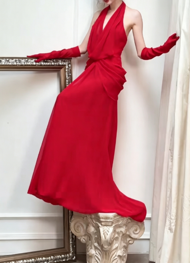 Charming Halter Neck Red Prom Dress Ruched Sheath Evening Dress GG6397
