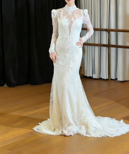 Chic High Collar Long Sleeve Prom Dress Lace Mermaid Evening Dress GG6399