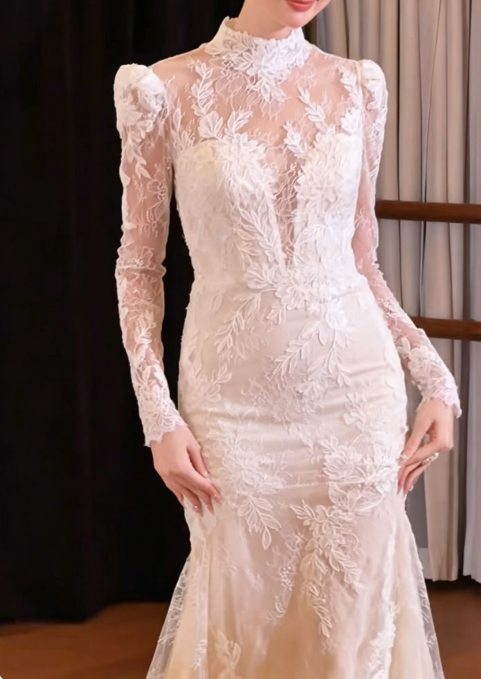 Chic High Collar Long Sleeve Prom Dress Lace Mermaid Evening Dress GG6399
