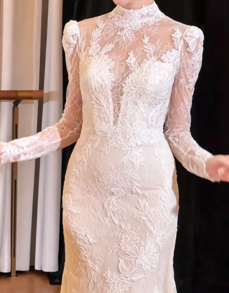 Chic High Collar Long Sleeve Prom Dress Lace Mermaid Evening Dress GG6399