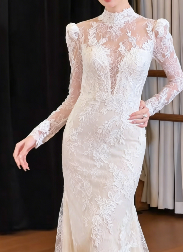 Chic High Collar Long Sleeve Prom Dress Lace Mermaid Evening Dress GG6399