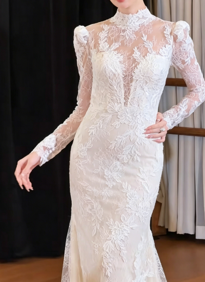 Chic High Collar Long Sleeve Prom Dress Lace Mermaid Evening Dress GG6399