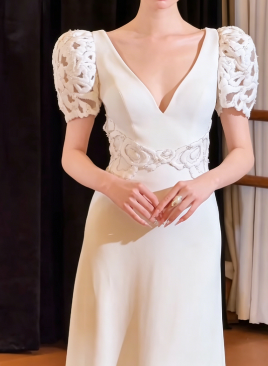 Elegant Short SleeveV Neck Prom Dress Satin A-Line Evening Dress GG6400