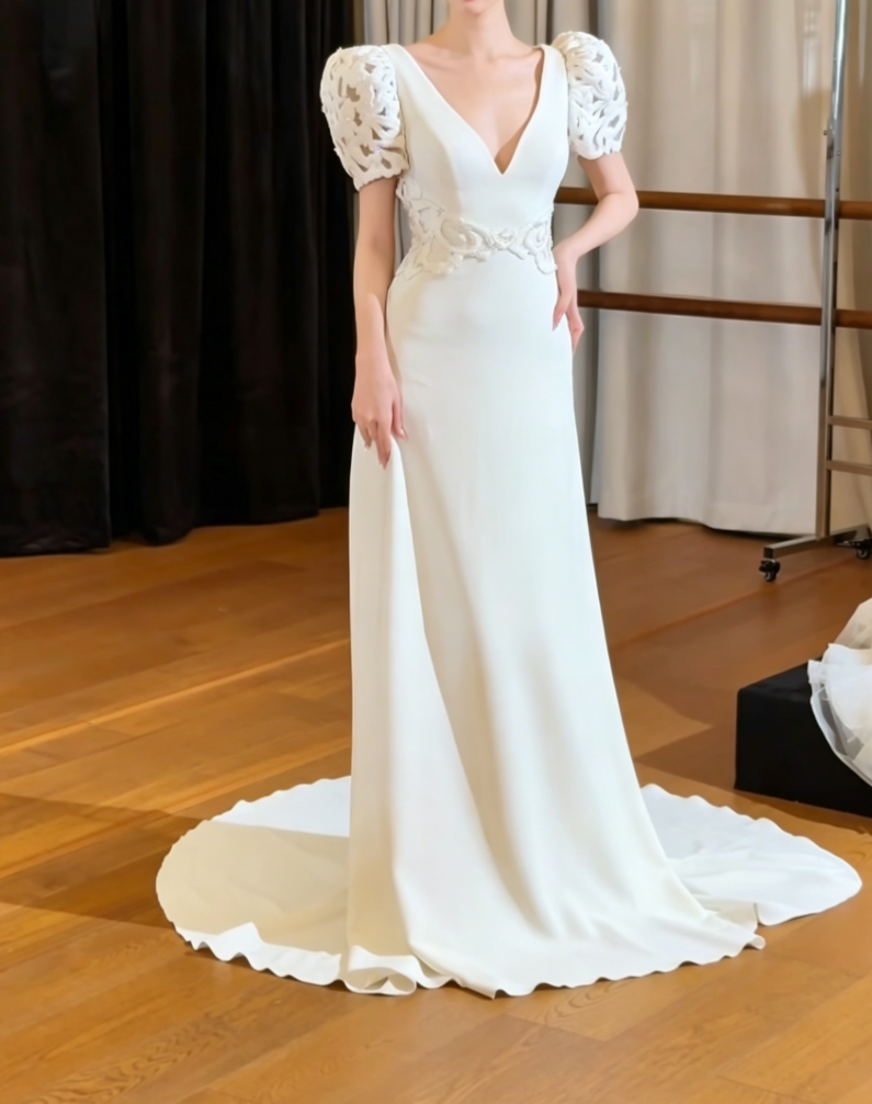 Elegant Short SleeveV Neck Prom Dress Satin A-Line Evening Dress GG6400