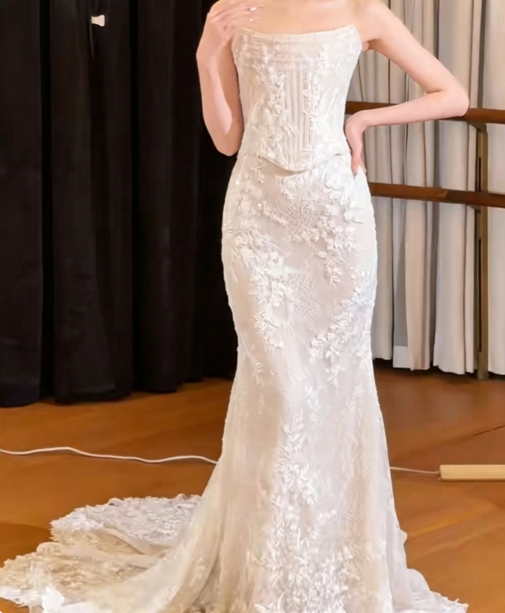 Chic Strapless Wedding Dress Lace Mermaid Bridal Dress GG6402
