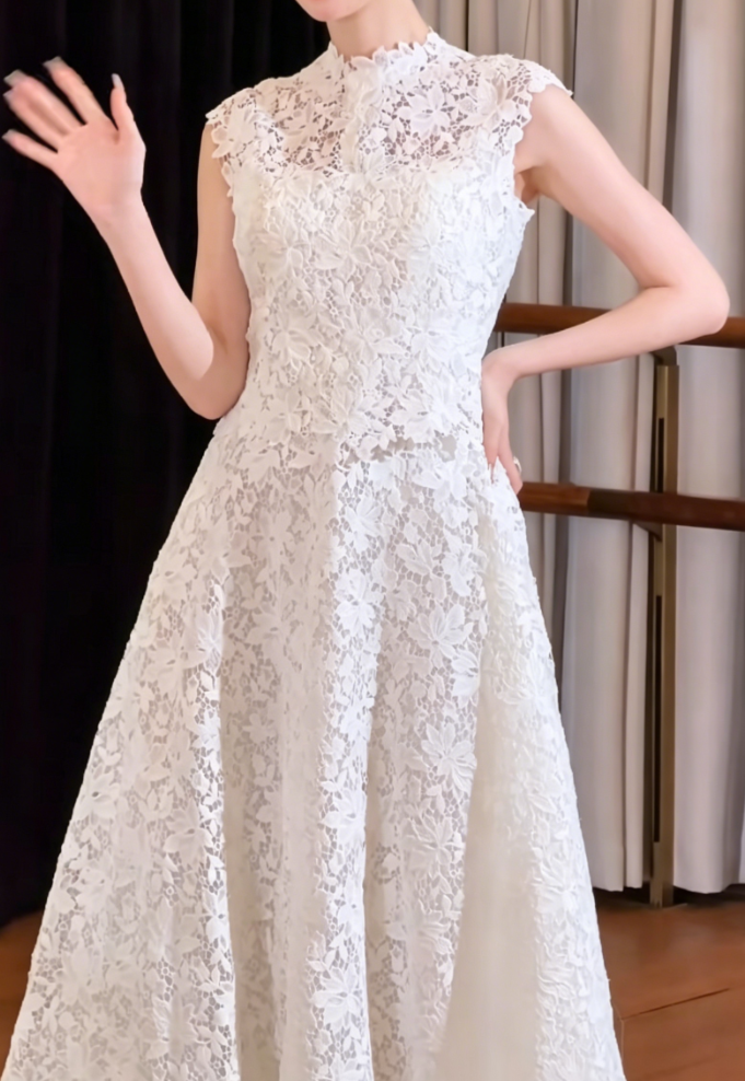 Retro High Collar Wedding Dress Lace A-Line Bridal Dress GG6404