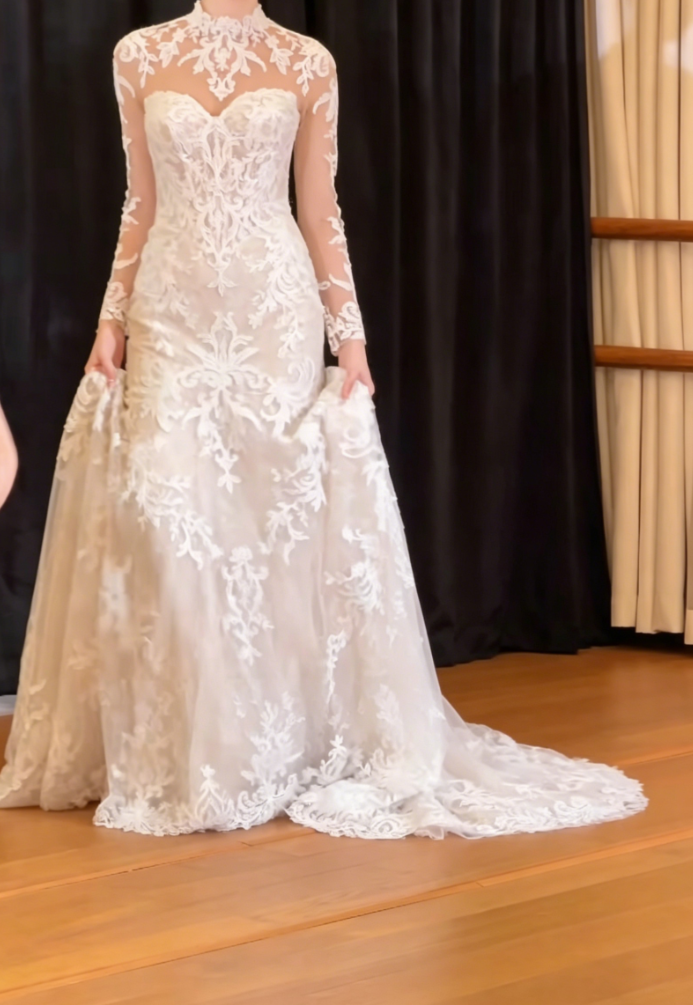 Graceful High Collar Long Sleeve Prom Dress Lace Mermaid Evening Dress GG6406