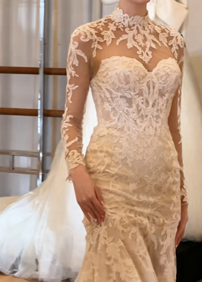 Graceful High Collar Long Sleeve Prom Dress Lace Mermaid Evening Dress GG6406